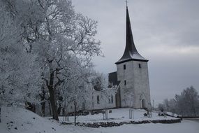 church in the winter snow