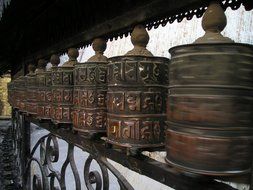 prayer wheels in a buddhist temple