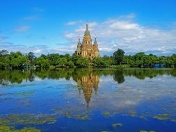 distant view of the temple among the picturesque nature in peterhof