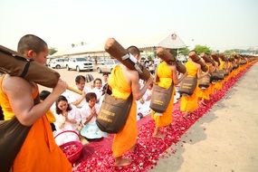 Buddhist monks in orange robes at the ceremony