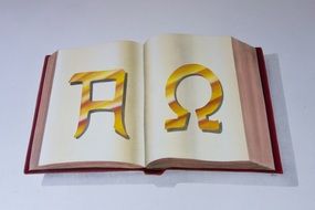 alpha and omega golden letters on open book, render