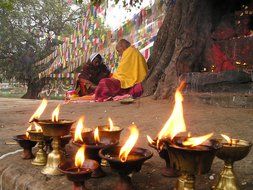 prayer flags and candles in Nepal