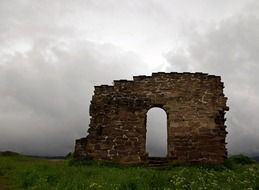ruins of Margareta church on the field at cloudy sky background