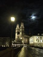 grossmünster, Romanesque-style Protestant church at night, Zürich, Switzerland