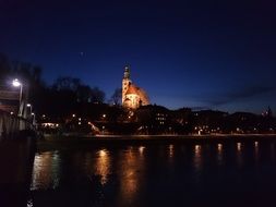 m&uuml;llner church in Salzburg at night