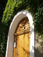 wooden door with carved door