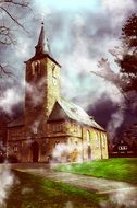 parish church in fog, germany, mülheim