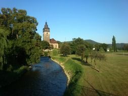 panorama of the church near the river in Bad Soden-Allendorf