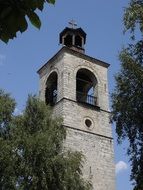 church belfry behind green branches
