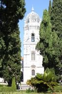 white bell tower of church among trees, portugal, lisbon