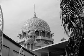 black and white photo of a mosque in malaysia