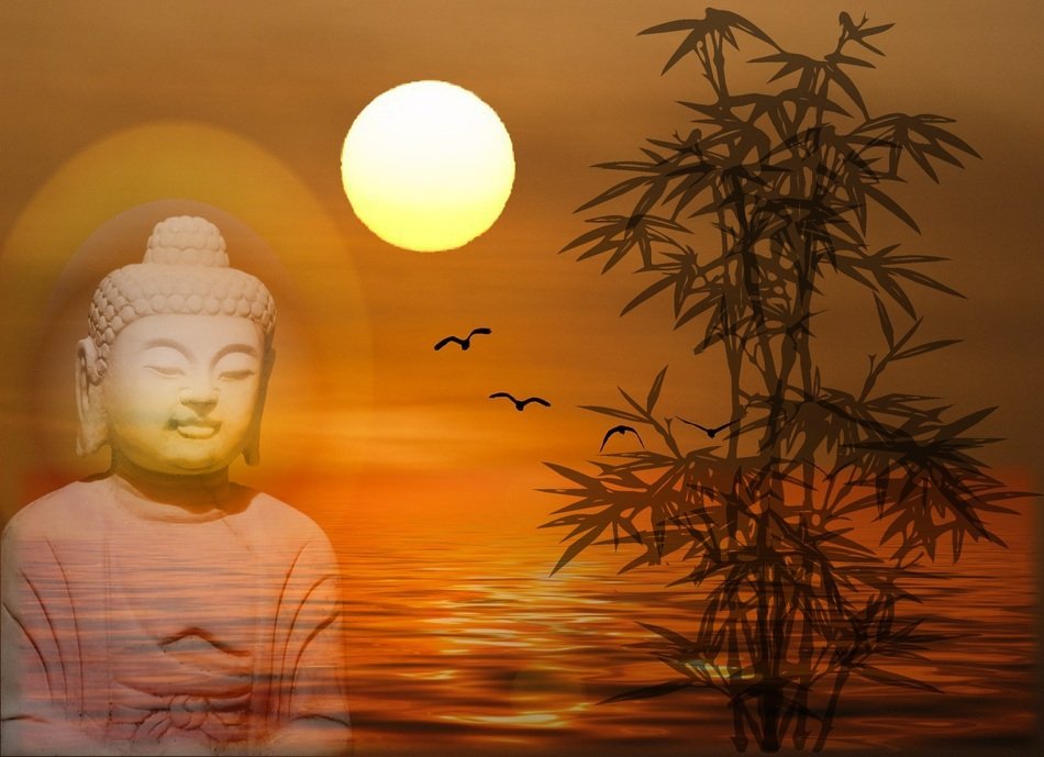 clipart of the buddha statue and beach at the sunset