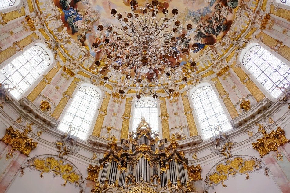 chandelier above the altar in the church