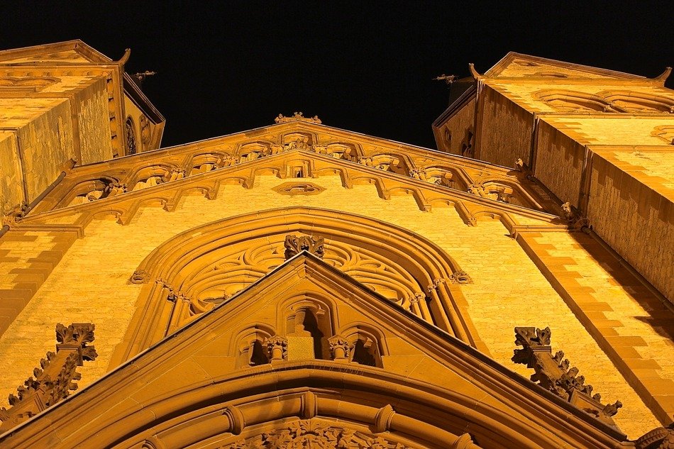 church door in the night lights