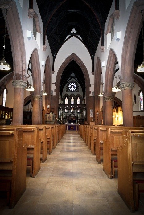 long walk along the benches in the church