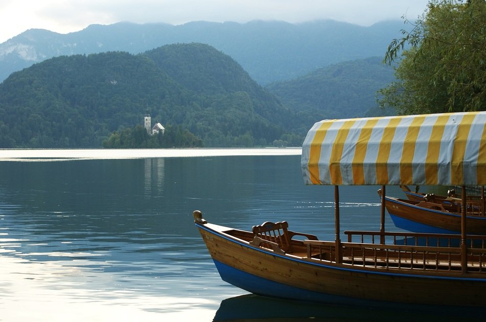 boat and Church by the lake