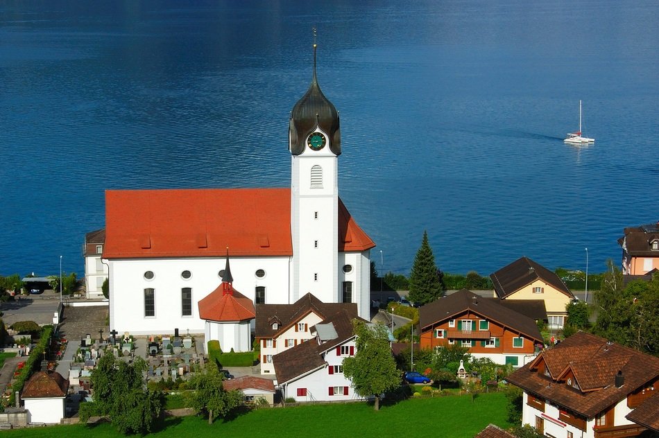 church near the lake in switzerland