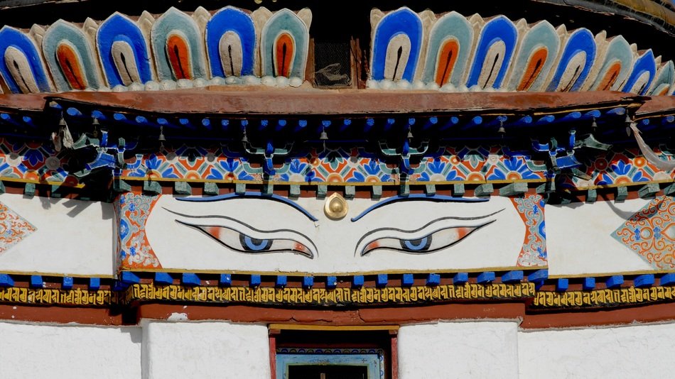 decorations on the facade of a monastery in Tibet