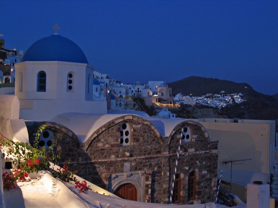 church in santorini at night