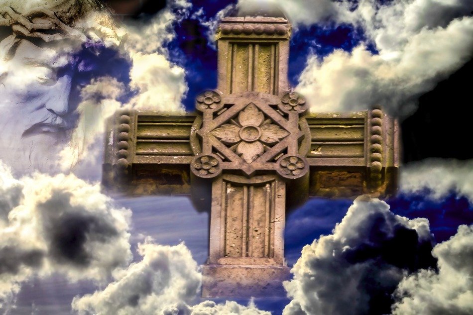 A huge cross in the ornament among the clouds