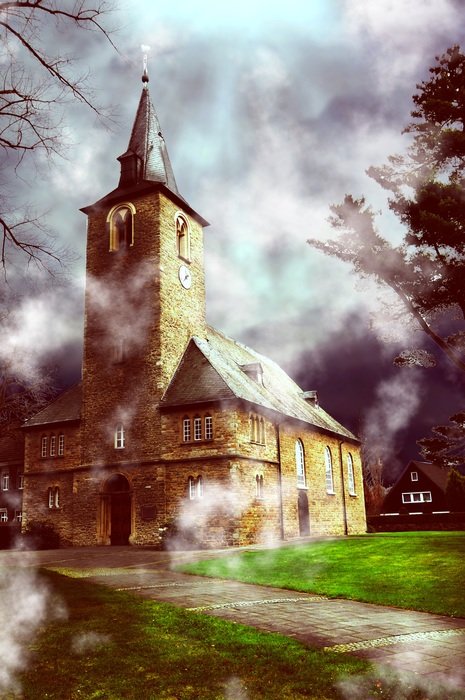 parish church in fog, germany, mÃ¼lheim