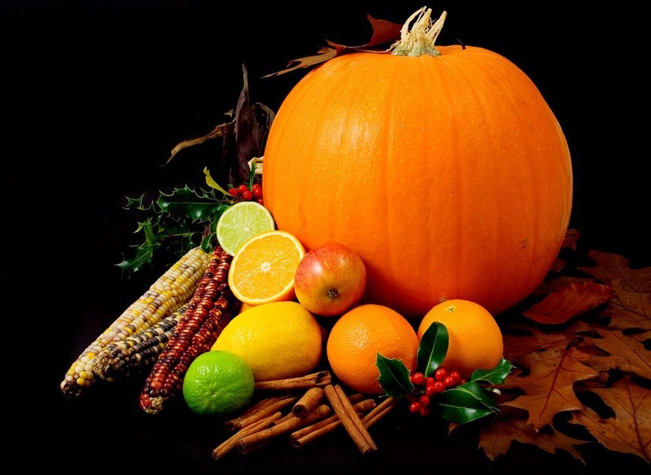 Vegetables and flowers on Halloween in autumn