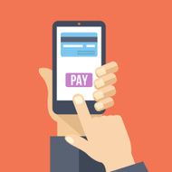Mobile payment Hand holds smartphone with online banking Flat illustration