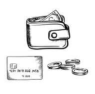 Credit card wallet with money and coins sketch