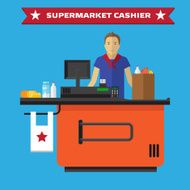 Young cashier man standing in supermarket