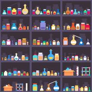 Alchemical elixirs or chemicals and medications on cabinet shelves Seamless