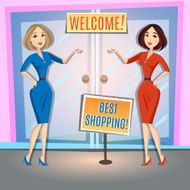 Two women at the opening of store Cartoon Illustration