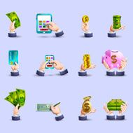 Hands payment flat icons set