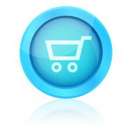 Blue shiny shopping cart icon with reflection for website