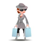 Mystery shopper woman in spy coat with shopping paper bags