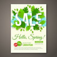 Spring Sale flyer design with green leaves Vector illustration