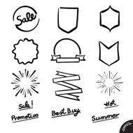 Vector Badge ribbon and sunbeam in doodle style N2