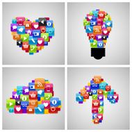 Glass Button Icon Set in Heart Bulb Cloud Arrow Form