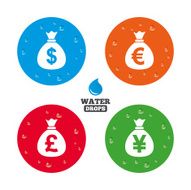 Money bag icons Dollar Euro Pound and Yen N31