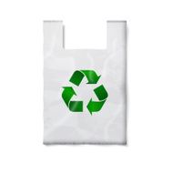 Blank plastic bag with green recycling sign isolated on white