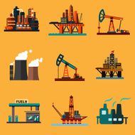 Oil extraction refinery and retail flat icons