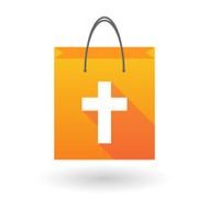 Orange shopping bag icon with a christian cross