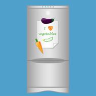 Icon with refrigerator and note &quot;I love vegetables&quot; on magnets