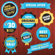 Set of Vector Badges Stickers and Ribbons on Wooden Background