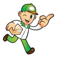 Green Delivery Man mascot the right hand guides