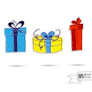 Holiday card with three gift boxes and bows