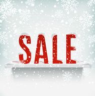 Sale poster with white realistic shelf on winter background