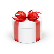 White Round Gift Box with Red Ribbon and Bow Isolated