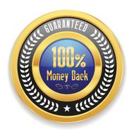 Blue money back button with gold border