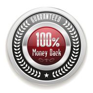 Red money back button with silver border