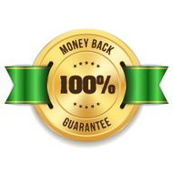 Gold money back badge with green ribbon